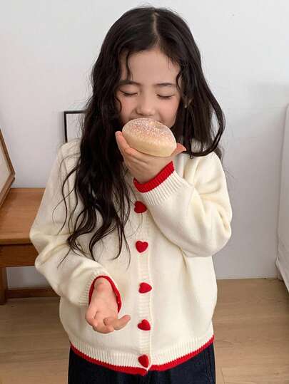 DAZY 女童圆领撞色爱心韩版长袖开衫，秋冬款