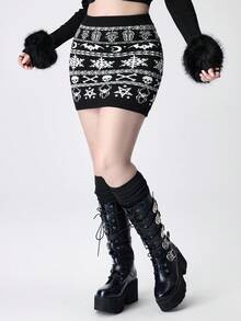 ROMWE Gothic Skull Intarsia Knit Bodycon Mini Skirt, Suitable For Winter & Christmas - Black and White - View 6