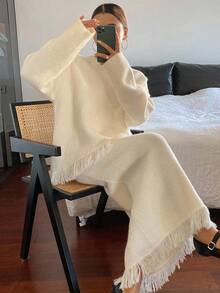 DAZY Women's Elegant Solid Color Fringe Knit Sweater & Skirt 2 Pieces Set, Autumn - Beige - View 1