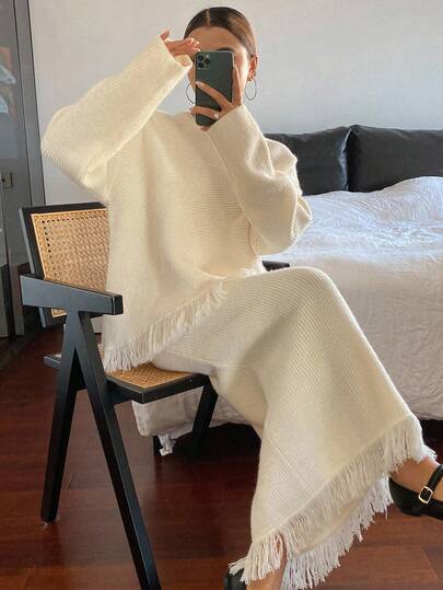 DAZY Women's Elegant Solid Color Fringe Knit Sweater & Skirt 2 Pieces Set, Autumn