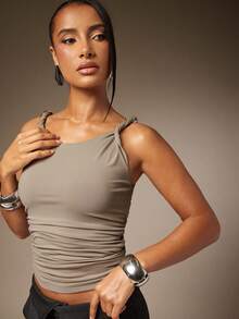 Hauture 性感夏季休闲基本款纯色扭纹肩带褶饰背心 - 灰色 - 查看 1