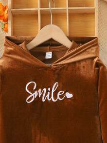 2pcs Tween Girls Casual Loose Comfortable Soft Letter Embroidered Hoodie Top And Flare Pants Set - Rust Brown - View 3