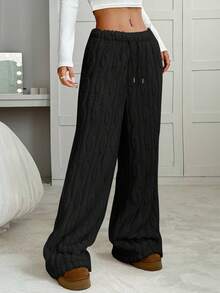 SHEIN EZwear Women's Black High Waist Drawstring Loose Wide Leg Casual Pants, Autumn/Winter,Black Pants - Black - View 6