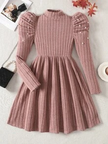 Váy len tay bồng cổ bèo nhún đính hạt thanh lịch cho bé gái tuổi teen, màu hồng, thích hợp cho tiệc Giáng sinh, năm mới, váy trơn co giãn - Hồng - Xem 7