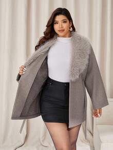 Auralis Plus Size Solid Color Faux Fur Patchwork Long Sleeve Overcoat, Autumn/Winter