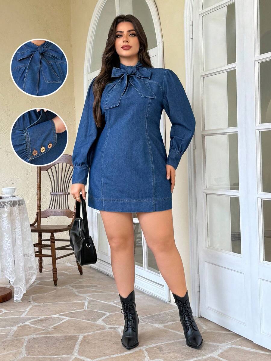 EMERY ROSE Plus Size Women's Knotted Collar Denim Long Sleeve Dress - Medium Wash - View 1