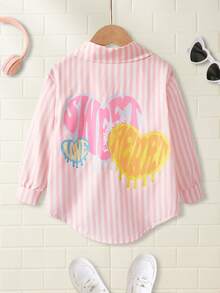 SHEIN Explorewe 1 件年轻女孩休闲 Polo 领开衫，带有心形图案印花，适合城市户外、运动、休闲、学校、派对等场合