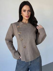 Firerie 女士优雅精致休闲日常通勤新款街头时尚都市时尚斜襟金属纽扣腰部收紧长袖双面羊毛大衣，秋冬 - 卡其色 - 查看 3