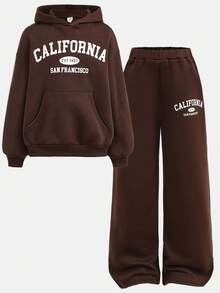 Girlism Bộ đồ hoodie và áo nỉ cho bé gái tuổi teen, họa tiết số màu xanh navy và trắng, phong cách retro campus - Cà phê nâu - Xem 3