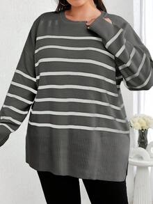 EURMUSE Plus Size Striped Pattern Drop Shoulder Sweater - Grey - View 6