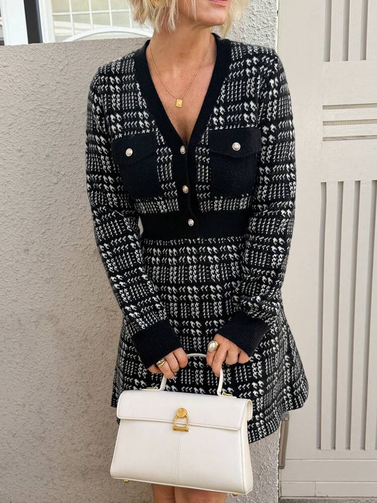 Women's Houndstooth Pattern Metal Button Waist Knitted Dress Sweater Dress