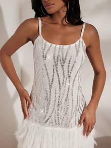 Opulessa Women's Fashionable Party Sequin Patchwork Fringe Hem Mini Dress,  White Sequin Elegant Party Outfit, Luxury Evening Dresses For Weddings, Beach Dress, New Year, Thanksgiving Outfits, White Rhinestone And Feather Detail, Graduation, Prom Dress