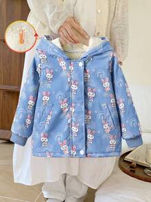 Elladie kids 返校少女卡通兔子印花连帽羊毛夹克，儿童秋冬甜美保暖外套，适合休闲外出、旅行和日常穿着 - 藍色 - 查看 1