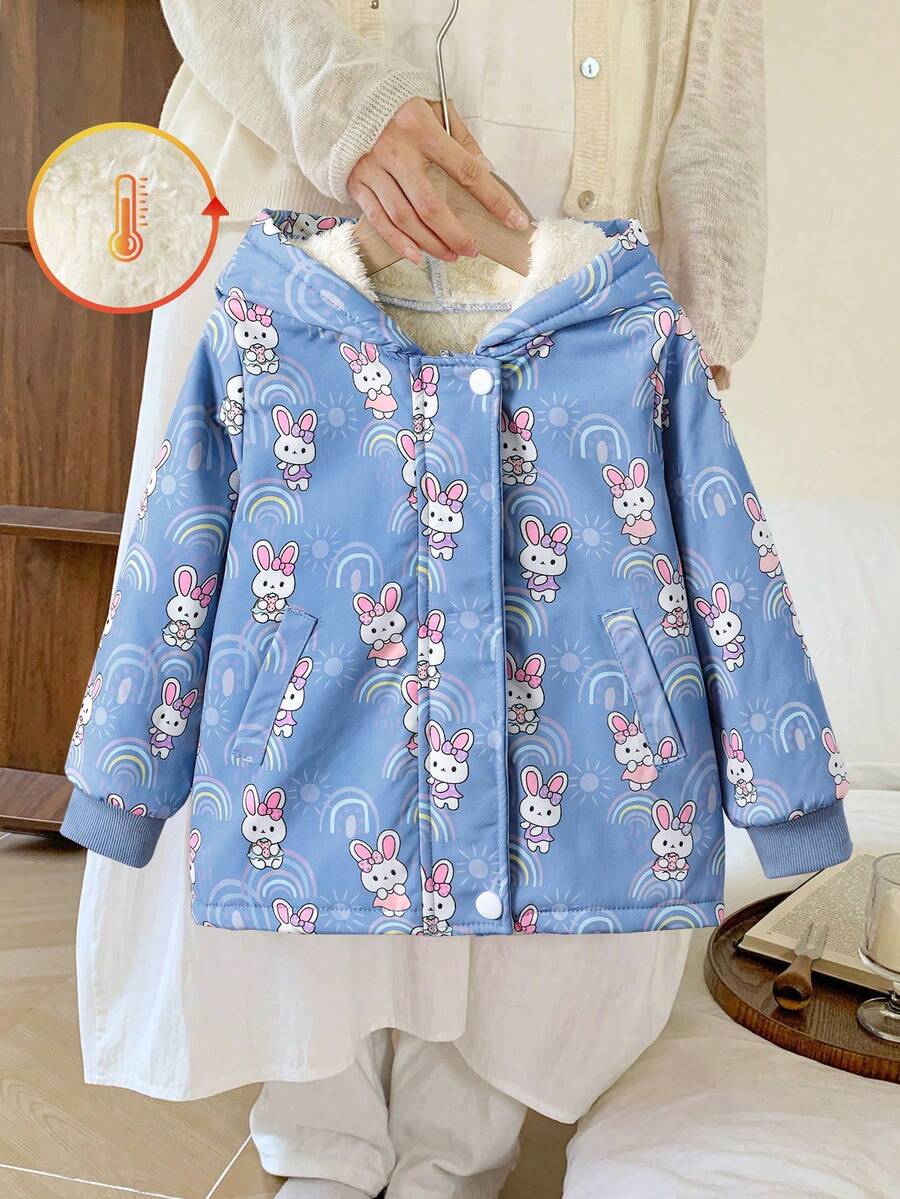 Elladie kids 返校少女卡通兔子印花连帽羊毛夹克，儿童秋冬甜美保暖外套，适合休闲外出、旅行和日常穿着 - 藍色 - 查看 1