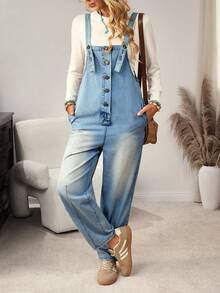 EMERY ROSE Women's Casual Washed Denim Bib Pants - Blue - View 7