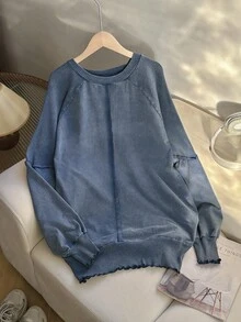 SHEIN EZwear 大码女式休闲蓝色套头长袖运动衫秋冬女装 - 藍色 - 查看 4
