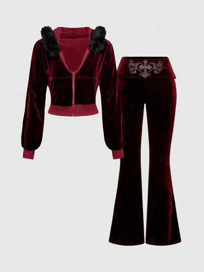 Grunge Punk Y2K Velvet Cropped Hoodie And Low-Waist Flare Pants 2Pcs Set For Women