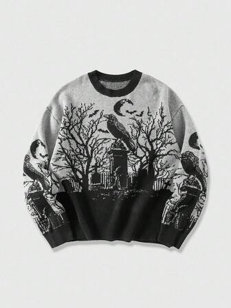 Goth Men's Gothic Loose Fit Jacquard Knit Sweater With Building & Plant Patterns, Autumn/Winter