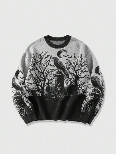 Men's Gothic Loose Fit Jacquard Knit Sweater With Building & Plant Patterns, Autumn/Winter