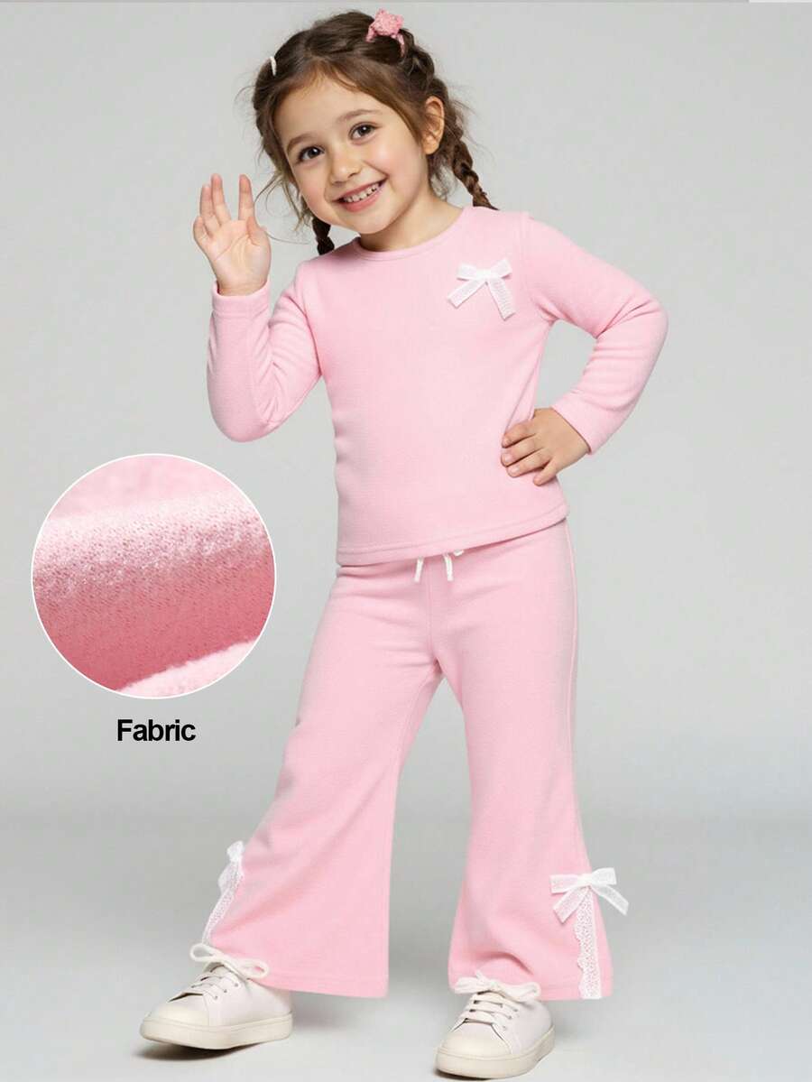 JNSQ 2 pièces Ensemble de tenue pour jeune fille, comprenant un Top de t-shirt ajusté avec décoration de nœud et une jupe longue évasée avec garniture en dentelle, convient pour le port quotidien en automne/hiver, les activités extérieures, les vacances, le streetwear, les fêtes et les tenues décontractées