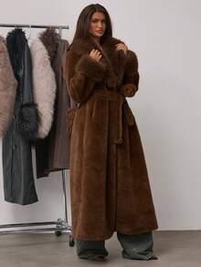 SHEIN BAE Women's Solid Color Shawl Collar Long Sleeve Pocket Belt Design Long Faux Fur Fashion Jacket Brown Outfits For Women Luxury Clothes For Women Brown Clothes Women Winter Clothes - Mocha Brown - View 4