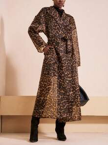 Zivah 2025 Chaqueta cortavientos larga con cinturón y estampado de leopardo en malla, adecuada para festivales de música, Pascua, Día de San Patricio, estilo occidental, estilo nómada, cumpleaños, graduaciones, estilo universitario, uso diario, casual, vacaciones, cruceros, playa, tomar el sol, moda, ropa de calle, invitada de boda, ir a trabajar, brunch, aeropuerto, fiestas y salidas festivas, elegante y sexy, abrigo de invierno para mujer