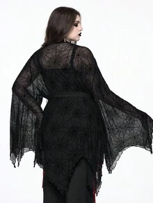ROMWE Plus Size Women Gothic Party Bat Wing Spider Web Flocked Lace-Up Front Top, Halloween - Black - View 2