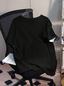 SpongeBob SquarePants | SHEIN Plus Size Women Summer Casual Commuting Fashion Street Cute Cartoon Patchwork Print Loose Black T-Shirt - White - View 2