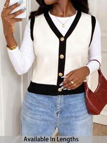 SHEIN PETITE CURVE 大码撞色边无袖毛衣背心，简约时尚 - 米色 - 查看 7