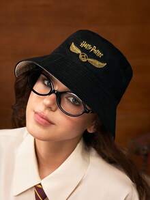 HARRY POTTER X SHEIN 双面时尚黑色渔夫帽，金色飞贼刺绣，优雅百搭，适合日常佩戴和防晒