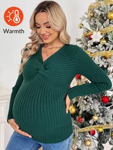 SHEIN كنزة صوفية كاجوال للحوامل بلون أحادي مجدول ضيقة، خريف/شتاء - أخضر داكن - مشاهدة 1