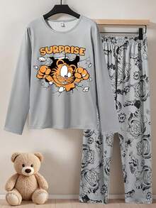 2pcs Boys' Grey Tiger Print Knit Fabric Comfortable Soft Long Sleeve Top And Pants Casual Loungewear Set - Multicolor - View 3