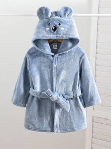 Baby Boy Cute Animal Print Hooded Flannel Bathrobe, Autumn/Winter Fall - Blue - View 3