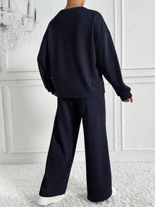 SHEIN Tall 2件組海軍藍秋季女款運動套裝，極簡休閒居家服，寬鬆圓領衛衣搭配寬腿運動長褲，街頭風，適合高個女性 - 藏蓝色 - 查看 2