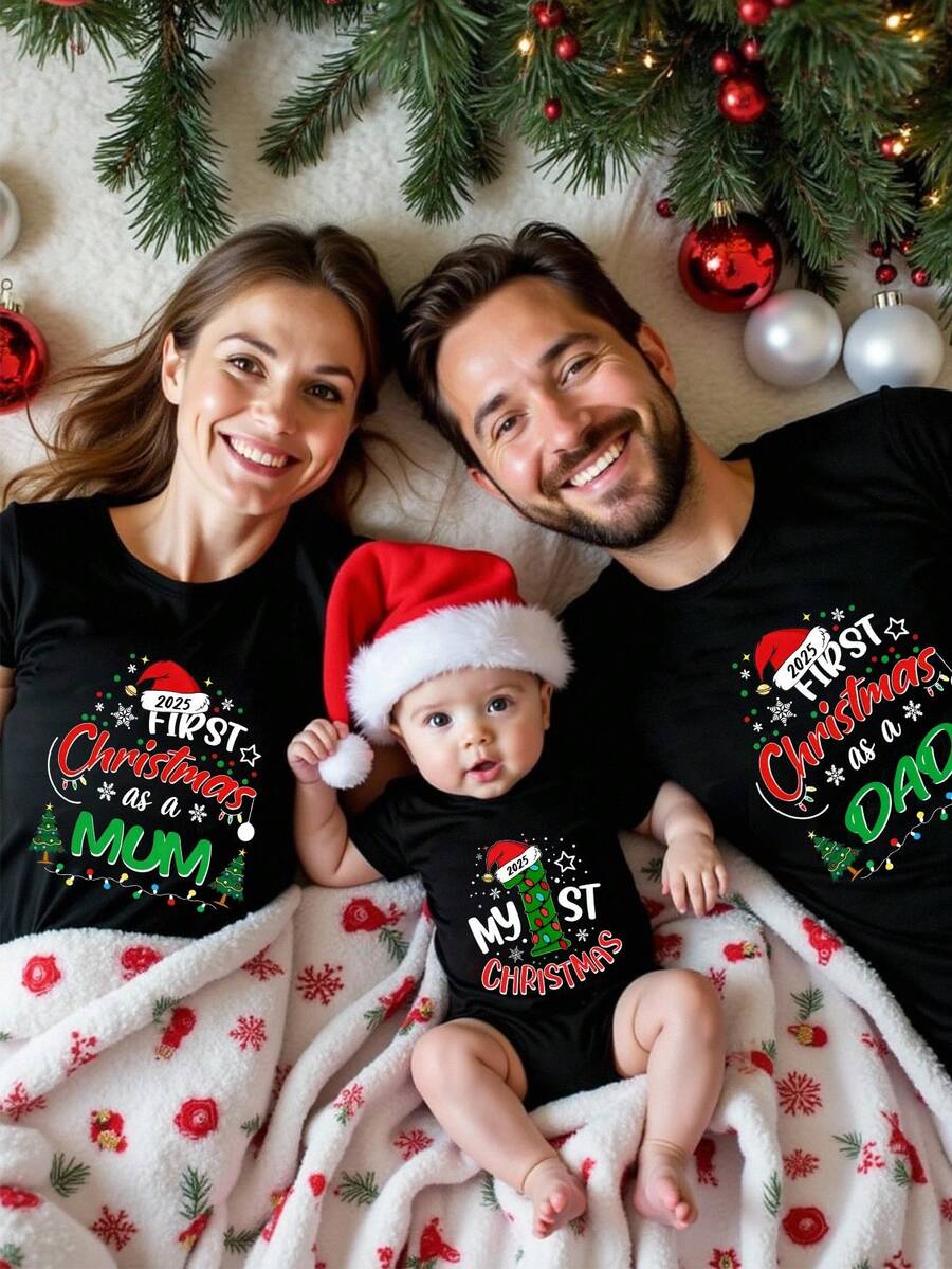 SHEIN Merry Christmas Infant/Toddler Boys Fashionable Cartoon Cute Kawaii Santa Hat Christmas Atmosphere Decorative Creative Letter Slogan Graphic Basic Round Neck Short Sleeve Bodysuit Suitable For Christmas Party - Black - View 1