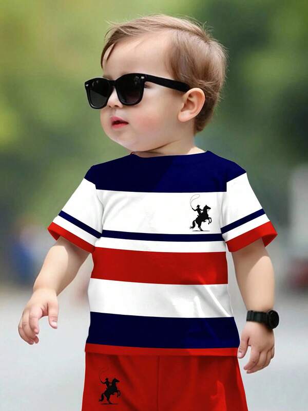 SHEIN Baby Boy Casual Chic Classic Striped Patchwork, Knight Riding Horse Graphic Short Sleeve T-Shirt, Suitable For Summer Baby Boy Summer Outfit Toddler Boy Clothes Set Baby Boy Striped Shirt Baby Boy Red White And Blue Clothes Kids Western Wear