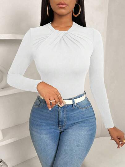 VaVaBold Women's Casual Elegant Bowknot Collar Slim Fitted Ruffled Hem Solid Color Long Sleeve T-Shirt, Fall Women Outfits