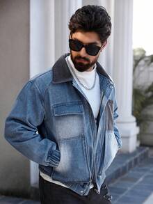 Manfinity Homme 男士时尚休闲水洗拉链多口袋牛仔夹克，秋季款 - 藍色 - 查看 5