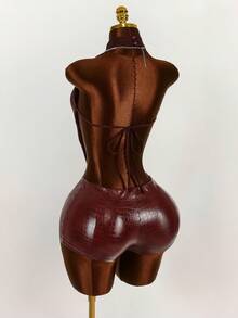 Amplova Mesh Deep Draped Neck Halter Backless PU Patchwork Bodysuit