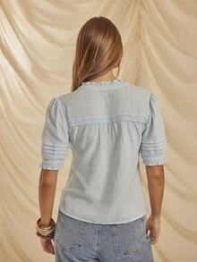 Aralina 女士时尚优雅秋冬休闲 Y2K 泡泡袖荷叶边领纽扣上衣，非常适合外出装和万圣节装 - 淺藍色 - 查看 2