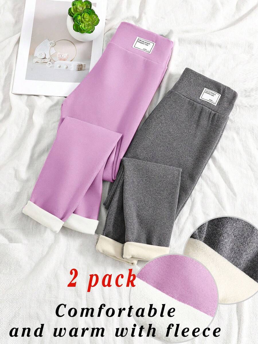 SHEIN 女童两件套紧身羊毛打底裤，腰部有贴片装饰 - 淡紫色 - 查看 1