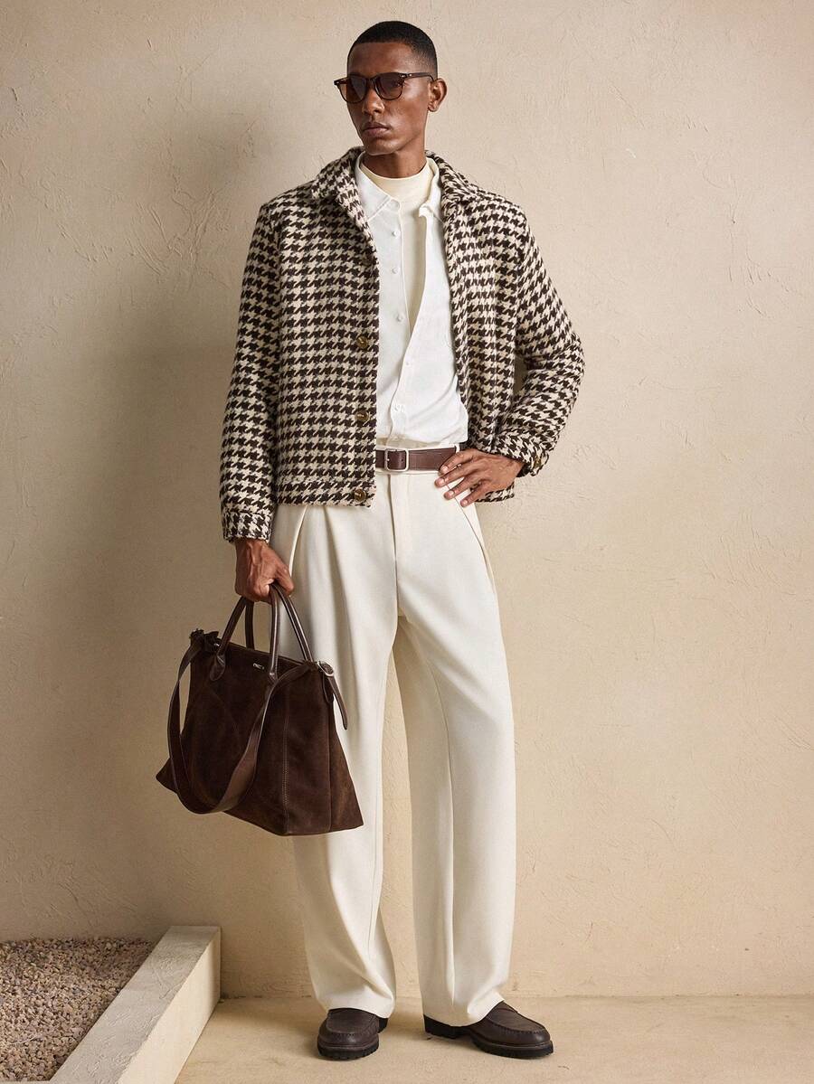 AKNOTIC Business Casual Men's Fashionable Commuter Houndstooth Overcoat, For Fall Winter, Christmas