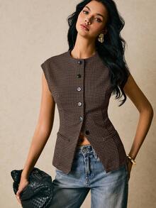 Poéselle Áo cánh ôm sát họa tiết răng sói dành cho nữ, phù hợp để đi làm - màu nâu - Xem 4