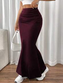 SHEIN PETITE 性感百搭修身褶裥侧鱼尾下摆弹力针织半身裙，适合秋冬季节穿着，女士长裙 - 中紫紅色 - 查看 3