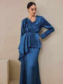 Graceveil 2件套女式吊领塔夫绸束腰长裙套装 - 藍色 - 查看 7