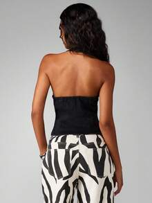 MISSGUIDED Áo corset denim cổ yếm cotton có khóa kéo phía trước, dáng ngắn không tay, lễ hội mùa hè - màu đen - Xem 2