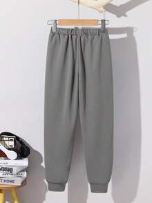 SHEIN 青少年男孩休闲字母图案针织抽绳腰部运动裤 - 淺灰色 - 查看 2