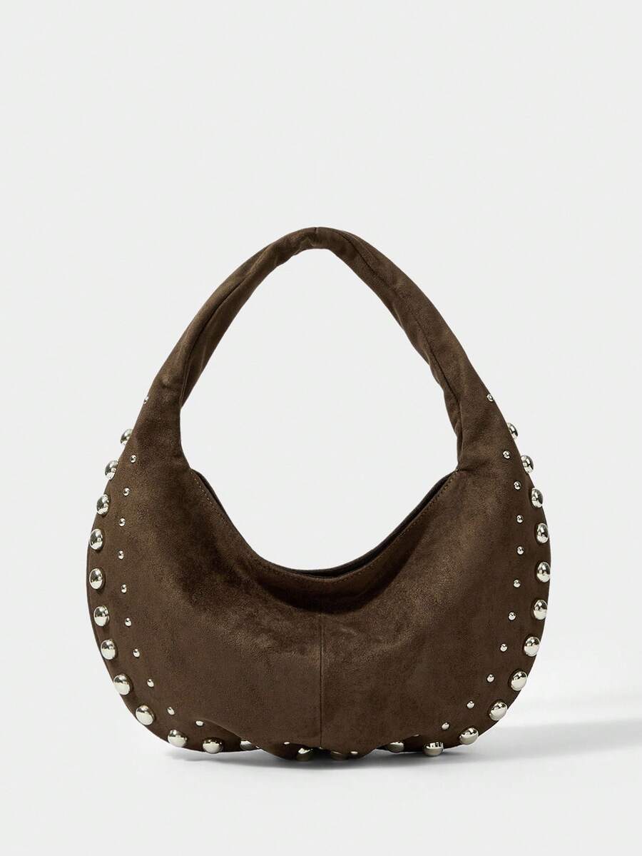 SHECARRY Women's Solid Color Studded Fashionable Shoulder Bag Espresso Brown - Coffee Brown - View 1