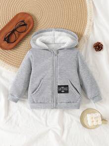 SHEIN Infant Boys' Simple Gray Fleece Hooded Sweatshirt Jacket, Autumn/Winter
