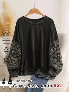 SHEIN CURVE+ 大尺碼女款休閒長袖刺繡雪花水洗圓領寬鬆套頭運動衫 秋冬款 - 黑色 - 查看 1